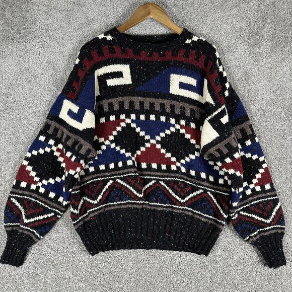 Vtg Marshall Fields New Traditions Sweater Mens L Abstract Hand Knit 100% Wool